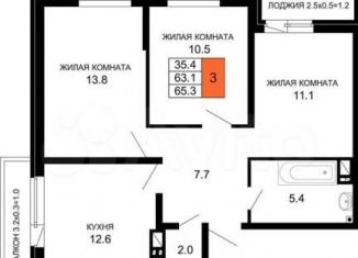 Трехкомнатная квартира на продажу, 65.3 м2, Краснодар, ЖК Дыхание, улица Лётчика Позднякова, 2к14