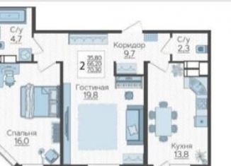 2-ком. квартира на продажу, 70 м2, Краснодар, улица Садовое Кольцо, 3, ЖК Зеленодар