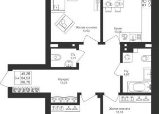 Продажа 3-ком. квартиры, 86.8 м2, Татарстан, жилой комплекс Новый Свет, УБ-8