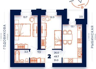 Продается 2-ком. квартира, 51 м2, Череповец