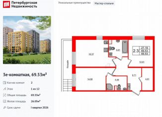 Продам 2-ком. квартиру, 69.5 м2, Санкт-Петербург, метро Озерки