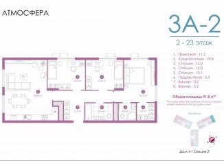 Продам 3-комнатную квартиру, 91.4 м2, Астрахань, улица Бехтерева, 12/4, ЖК Атмосфера