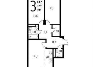 Двухкомнатная квартира на продажу, 69.1 м2, Москва, СНТ Родник, 203