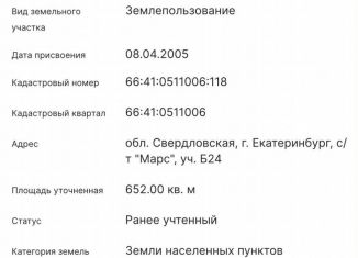 Продажа участка, 6.5 сот., Екатеринбург, метро Чкаловская, СНТ Марс, Б24