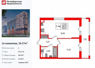 Продажа однокомнатной квартиры, 38.6 м2, деревня Новосаратовка