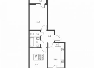 Продам 2-комнатную квартиру, 52.9 м2, городской посёлок имени Свердлова