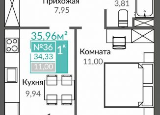 1-комнатная квартира на продажу, 34.3 м2, Симферополь, Киевский район