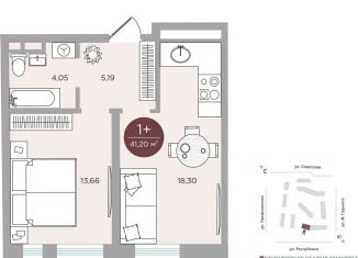 Однокомнатная квартира на продажу, 41.2 м2, Тюмень, улица Николая Машарова, 10, ЖК Машаров