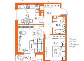 2-комнатная квартира на продажу, 50.7 м2, Астрахань, улица Ахшарумова, 25, ЖК Центральный