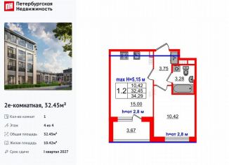Продается 1-ком. квартира, 32.5 м2, посёлок Стрельна