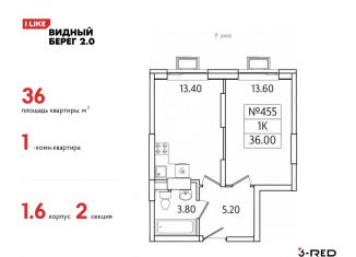 Продажа однокомнатной квартиры, 36 м2, деревня Сапроново, ЖК Видный Берег 2