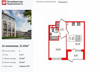 Продажа однокомнатной квартиры, 32.7 м2, посёлок Стрельна