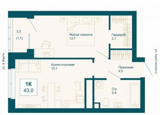 1-ком. квартира на продажу, 43 м2, Екатеринбург, улица 8 Марта, 197, ЖК Новая ботаника