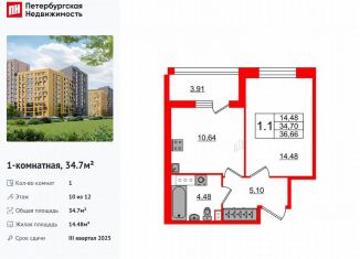 Продаю однокомнатную квартиру, 34.7 м2, Санкт-Петербург, Приморский район