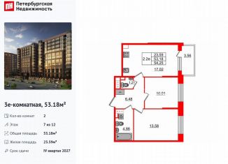 Двухкомнатная квартира на продажу, 53.2 м2, Санкт-Петербург, Московский район