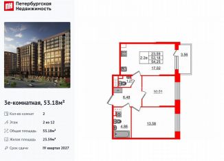Продажа двухкомнатной квартиры, 53.2 м2, Санкт-Петербург, Московский район