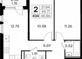 Продается 2-ком. квартира, 45.9 м2, сельский посёлок Новинки, ЖК Окский Берег