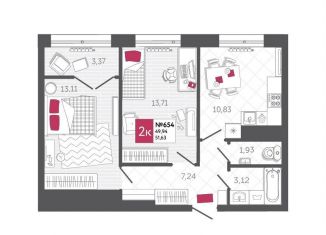 Продаю 2-комнатную квартиру, 53.3 м2, Тула, Калужское шоссе, 20к2