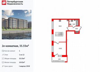 1-комнатная квартира на продажу, 35.6 м2, Санкт-Петербург, метро Елизаровская