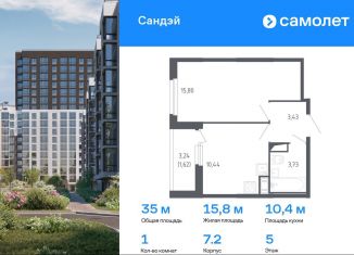 Продается 1-ком. квартира, 35 м2, Санкт-Петербург, Красносельский район, жилой комплекс Сандэй, 7.2