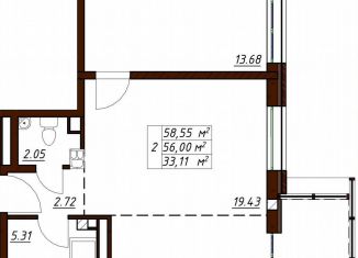 Двухкомнатная квартира на продажу, 59.3 м2, Калужская область, Белкинская улица, 32