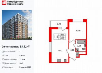 Продаю однокомнатную квартиру, 35.3 м2, Санкт-Петербург, метро Елизаровская