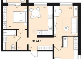 3-комнатная квартира на продажу, 64 м2, Обь, Геодезическая улица, 6Вк3