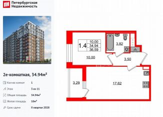 Продается 1-ком. квартира, 34.9 м2, Санкт-Петербург, метро Елизаровская