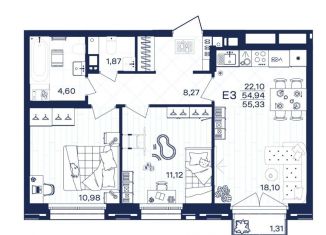 Продается двухкомнатная квартира, 55.3 м2, Тула