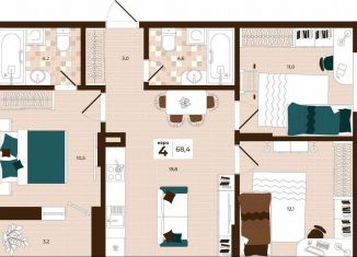 Продается четырехкомнатная квартира, 68.4 м2, Тула