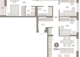 Трехкомнатная квартира на продажу, 85.7 м2, Тюмень, Краснооктябрьская улица, 4к3