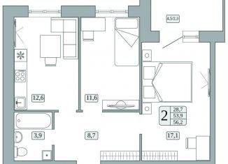 2-ком. квартира на продажу, 53.9 м2, поселок городского типа Стройкерамика