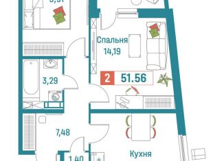 Продается 2-комнатная квартира, 51.6 м2, Мурино, ЖК Графика