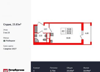 Продам квартиру студию, 25.8 м2, деревня Новосаратовка