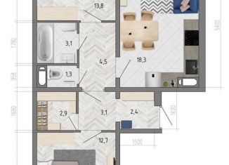 2-комнатная квартира на продажу, 66.6 м2, Воронеж, улица Фёдора Тютчева, 105