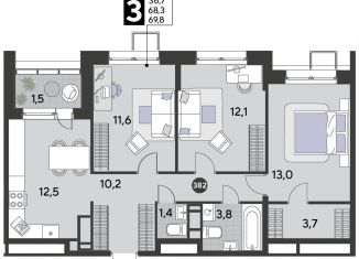 Продается 3-ком. квартира, 69.8 м2, Омск, Ленинский округ