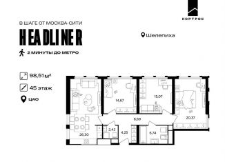 Продается 4-комнатная квартира, 98.5 м2, Москва, ЖК Хедлайнер