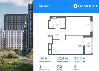 Продаю 1-комнатную квартиру, 36 м2, Санкт-Петербург, Красносельский район, жилой комплекс Сандэй, 7.2