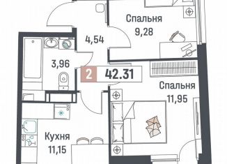 Продам двухкомнатную квартиру, 42.3 м2, Мурино, ЖК Авиатор