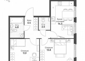Продается двухкомнатная квартира, 53.7 м2, посёлок Шушары