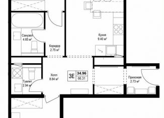 Продаю двухкомнатную квартиру, 66.1 м2, деревня Сапроново, микрорайон Купелинка, 7