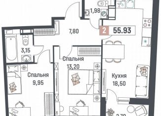 Продается двухкомнатная квартира, 55.9 м2, Мурино, ЖК Авиатор