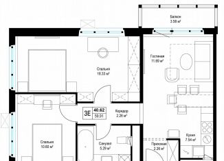 Продажа 2-комнатной квартиры, 60 м2, деревня Сапроново, микрорайон Купелинка, 7, ЖК Эко Видное 2.0