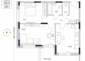 2-комнатная квартира на продажу, 58.9 м2, деревня Пирогово, ЖК Пироговская Ривьера, улица Ильинского, 8