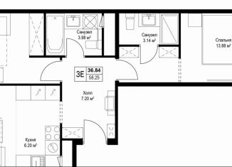 Продается двухкомнатная квартира, 58.2 м2, деревня Сапроново, микрорайон Купелинка, 7