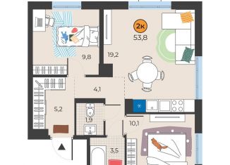 Двухкомнатная квартира на продажу, 53.8 м2, Тюмень, улица Надежды Шалагиной, 4
