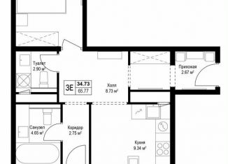 2-ком. квартира на продажу, 65.7 м2, деревня Сапроново, микрорайон Купелинка, 7
