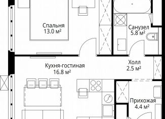 Продается 1-комнатная квартира, 42.5 м2, деревня Сапроново, квартал Центральный, 9