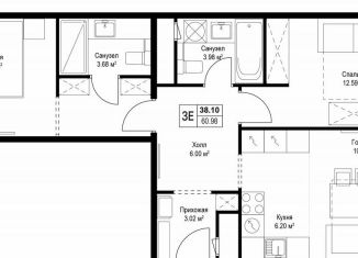 Продаю двухкомнатную квартиру, 61.2 м2, деревня Сапроново, микрорайон Купелинка, 7