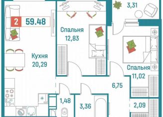 Продам двухкомнатную квартиру, 59.5 м2, Мурино, ЖК Графика